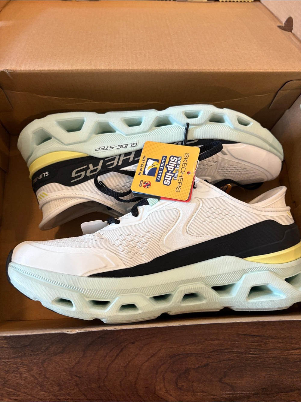 Skechers Glide step Kids White Sneakers with Black, Mint and Yellow Accents